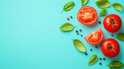 Fresh Red Tomatoes and Green Basil Leaves on Blue Background