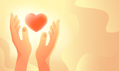Human hands with heart. Concept hope and care, mercy and volunteering, cardiology. Banner with copy space. Gradient modern flat style. Vector illustration.