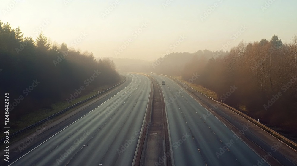 Poster a traffic-free motorway on a misty morning, with faint visibility creating a serene and calm atmosph