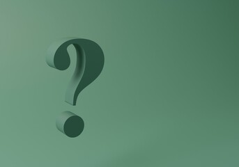 3D Green Question mark on Green Monochrome background. Ecology, Transition, future. Learning, Education, Testing, Quizzing, faq, Creativity Imagination Concept. Minimal 3D render.