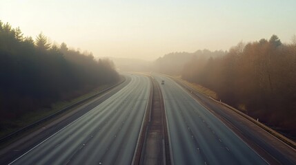 Fototapeta premium A traffic-free motorway on a misty morning, with faint visibility creating a serene and calm atmosphere.