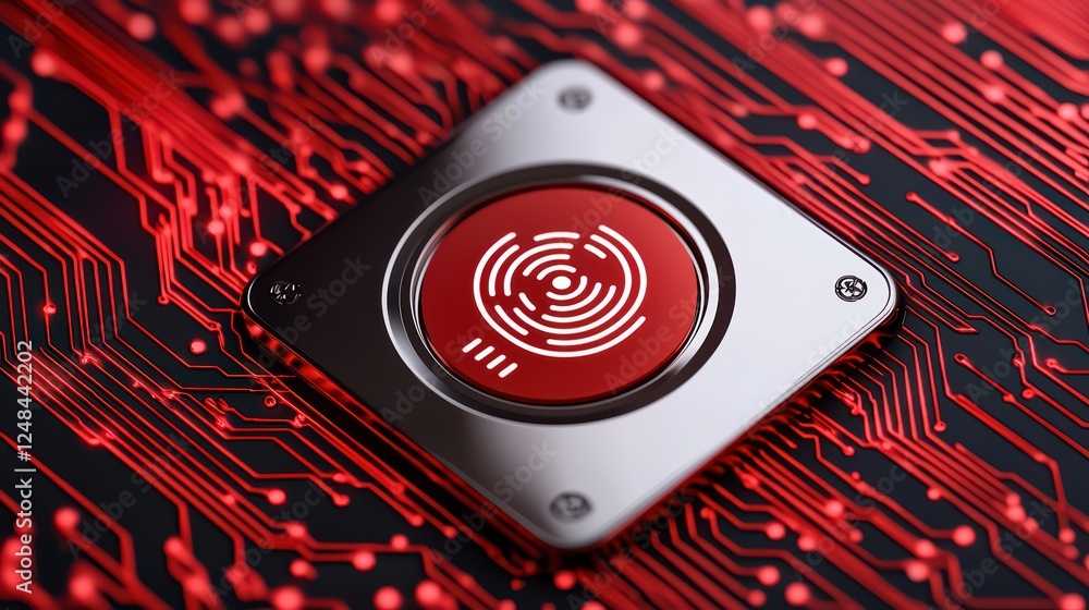 Poster digital fingerprint recognition button on circuit board background
