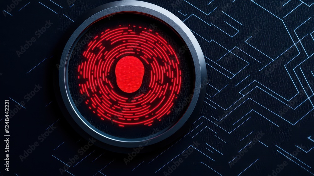 Poster intricate red circuit board pattern with central fingerprint design