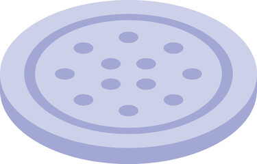 Purple isometric manhole cover exhibiting small circular holes arranged in a specific pattern