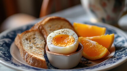 delicious breakfast with soft boiled egg toast and orange slices