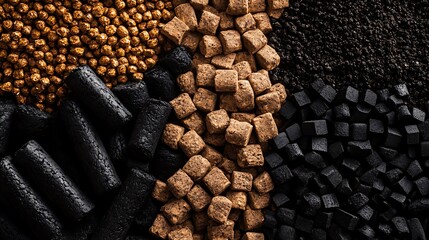 charcoal briquettes and wood pellets, biomass energy concept