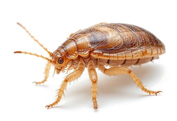 Close-up of a head louse, a wingless insect found on the human scalp, detailed in its natural form on a white background.