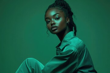 A stylish Black woman with dark braids poses in a teal jumpsuit against a green background.