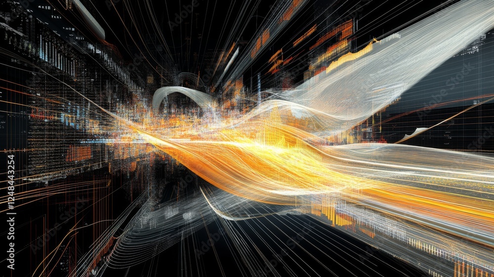 Poster A wide-angle view of a D line graph with multiple data series, showing curves and intersections in a dynamic and detailed digital presentation.