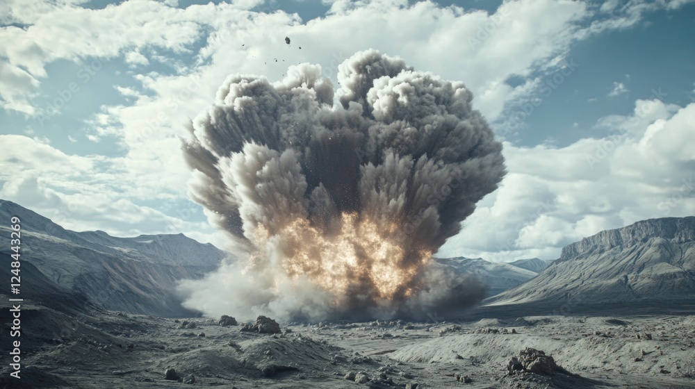 Poster a wide-angle view of a military explosion with a large shockwave and smoke cloud, set against a rugg