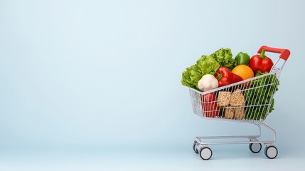 Fresh Grocery Shopping Cart Filled with Vibrant Fruits and Vegetables