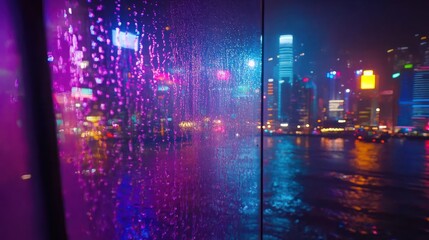 Obraz premium Rainy Night Cityscape Viewed Through Wet Glass