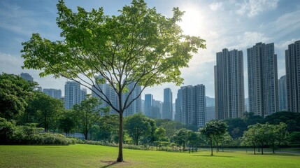 A young tree thriving in an urban park, with skyscrapers in the distance blending nature and modernity.
