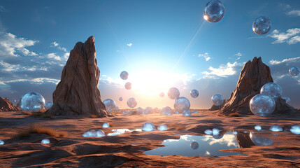 Surreal Desert Landscape with Glowing Spheres at Sunset