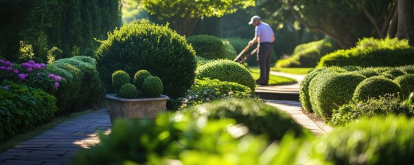 Gardener trimming bush in serene sunlit garden setting.