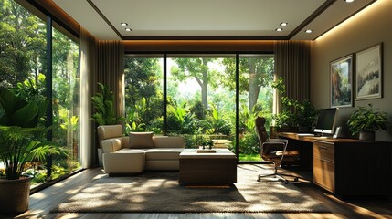 Fototapeta premium Serene Home Office with Lush Garden Views
