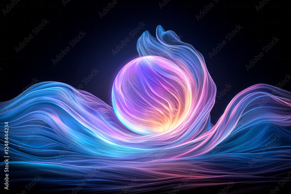 Aufkleber a high-resolution close-up of an orb radiating soft light as it sits within curved folds in blue,