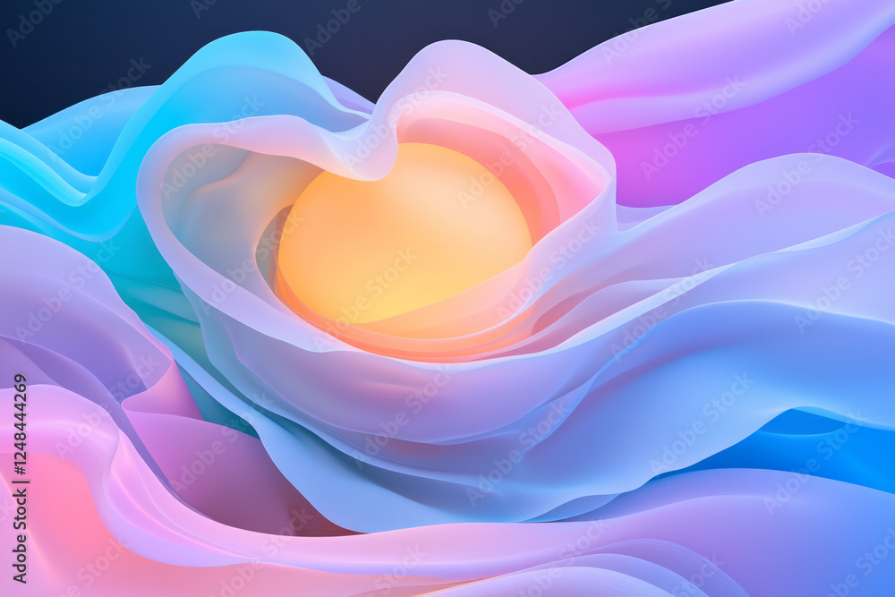 Poster a high-resolution close-up of an orb radiating soft light as it sits within curved folds in blue,