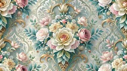 Elegant Floral Damask Design Featuring a Luxurious Bouquet of Roses and Other Blooms on a Soft Green Background