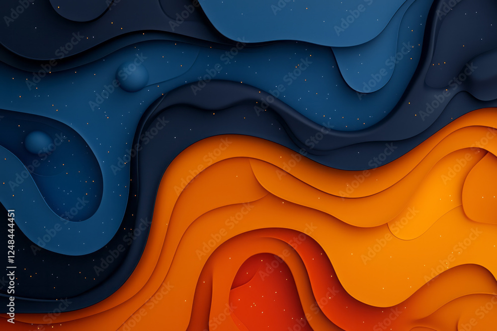 Poster a mesmerizing abstract scene of fluid, swirling layers in deep blue and warm orange, undulating