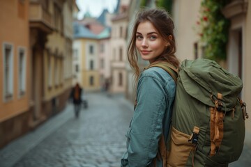 Fototapeta premium A young woman with a backpack looks back while walking down a charming European street.