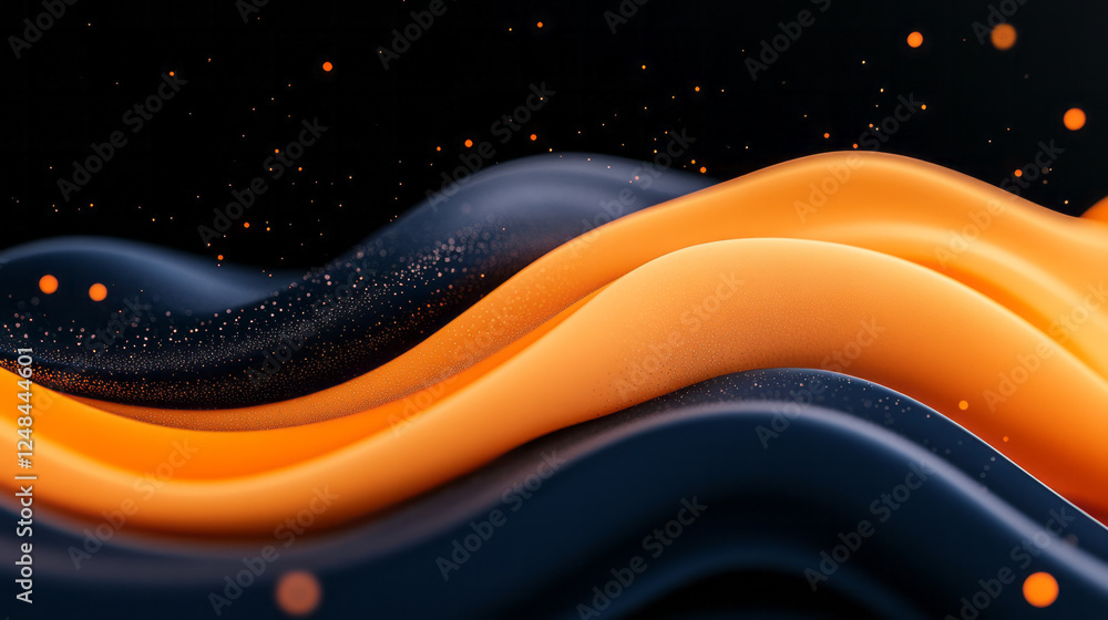 Poster a captivating abstract image where fluid layers of deep blue and orange mix, illuminated by