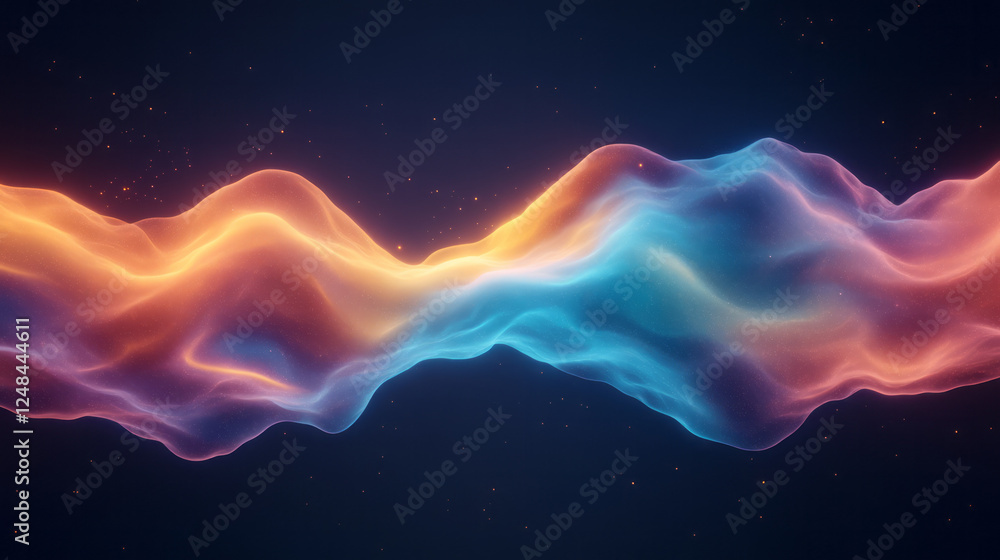 Poster a captivating abstract image where fluid layers of deep blue and orange mix, illuminated by
