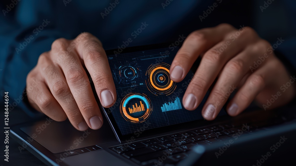 Poster hands interacting with digital interface on laptop screen display