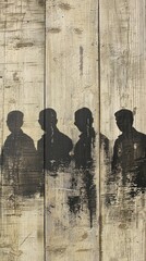 Silhouettes of people on weathered wood, depicting a procession or row. Possible use Stock photo for prints, posters, or social media content