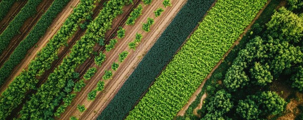 Aerial shot of lush green farm fields with neat rows.