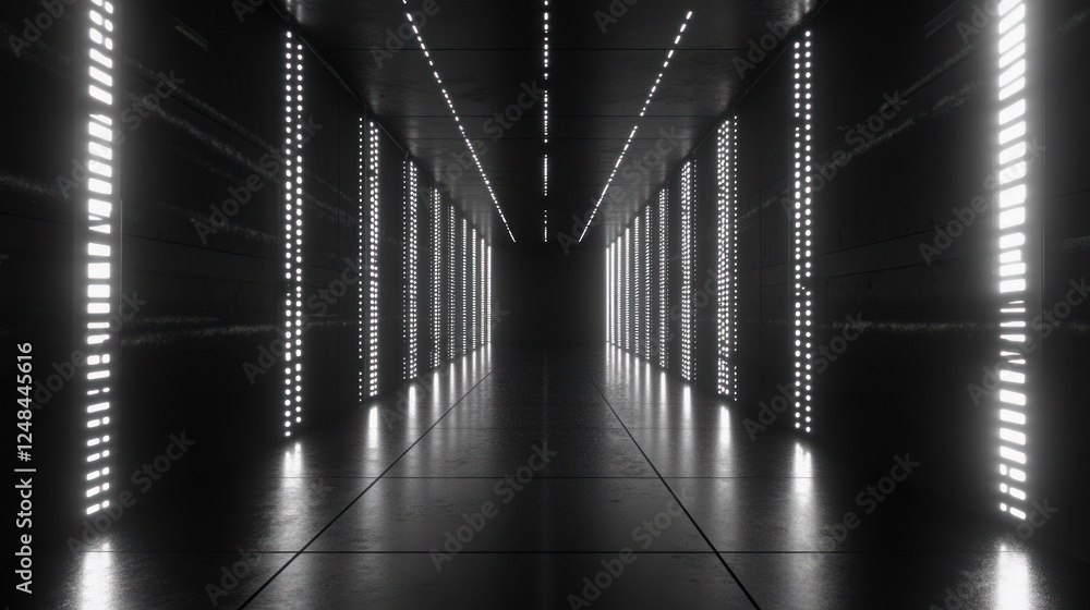 Poster futuristic corridor illuminated with bright linear lights