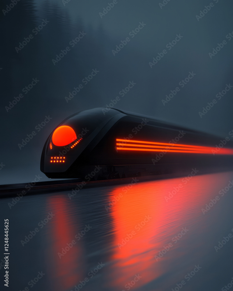 Poster an intense action image of a high-speed train illuminated by orange streaks and a colossal orbâ€™s