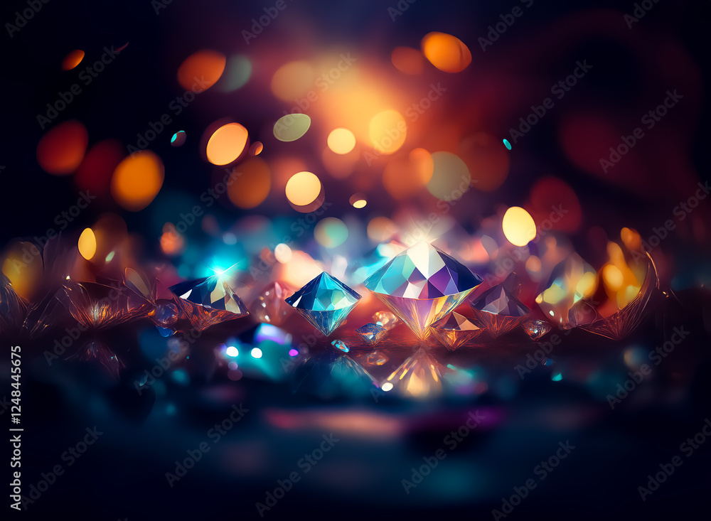 Poster double exposure artfully blends sparkling diamonds with a bokeh light background, creating a dazzlin