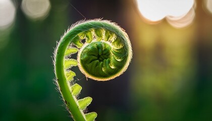 A tiny fern leaf unfurling, its fresh green spirals glowing softly in the warm sunlight, capturing the delicate beauty of nature’s growth.