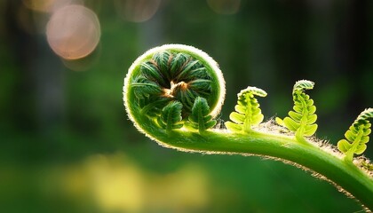 A tiny fern leaf unfurling, its fresh green spirals glowing softly in the warm sunlight, capturing the delicate beauty of nature’s growth.