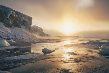 Obraz premium Vibrant sunset over icy shoreline reflecting golden hues in peaceful winter landscape