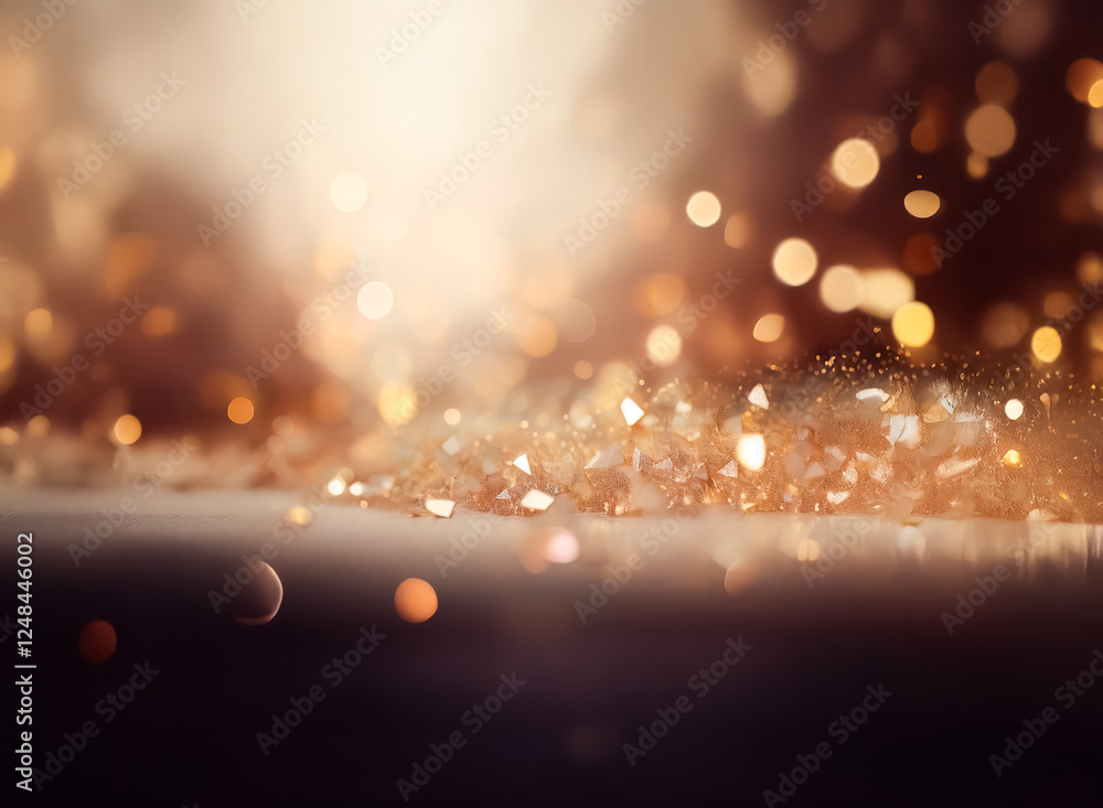 Poster golden sparkles create a double exposure effect, illuminating a blurred and dreamy scene with a soft