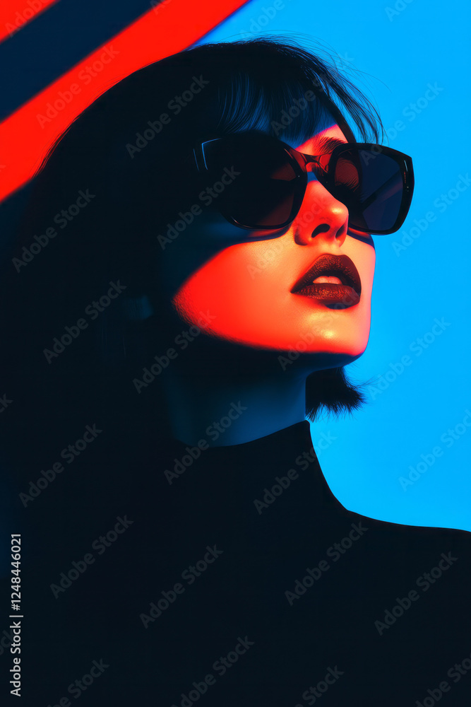 Poster a bold portrait capturing a womanâ€™s face in reflective shades, illuminated by pulsing red and