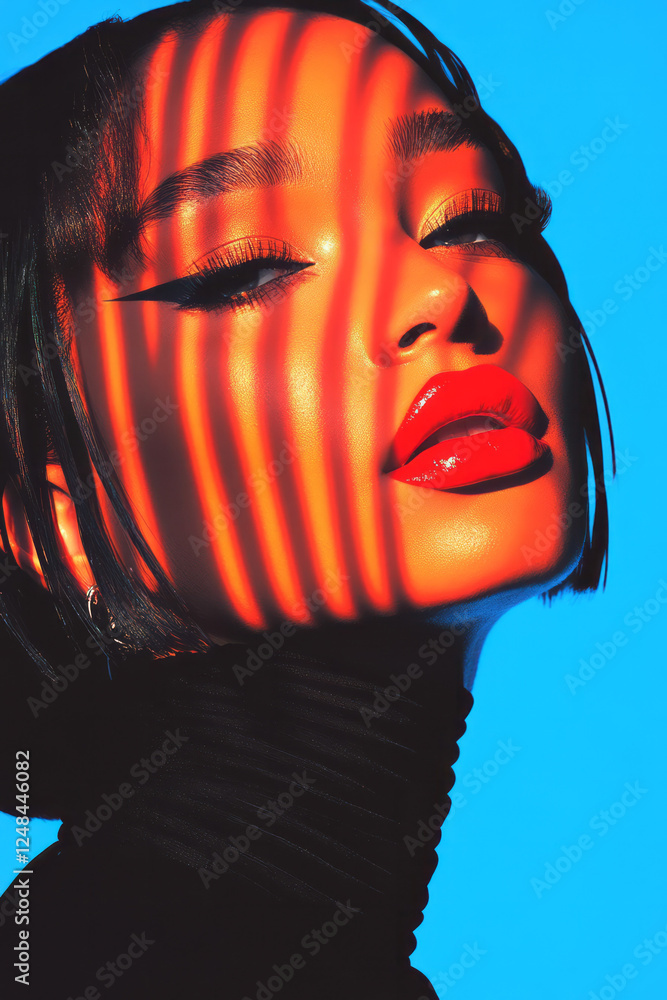 Poster a bold portrait capturing a womanâ€™s face in reflective shades, illuminated by pulsing red and