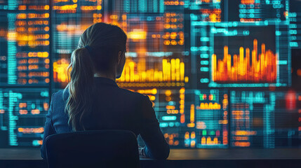 Confident young woman in modern office analyzing data on screens, showcasing vibrant digital environment