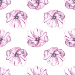 Seamless pattern with delicate pink flowers. Handmade watercolor illustration. Great for textiles, wallpaper, wrapping paper, wedding and holiday backgrounds, and more.