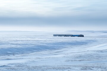 Lonely red train traversing through vast snowy landscape.
