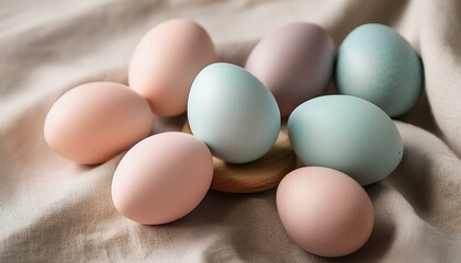 A macro shot of pastel-colored Easter eggs with a soft matte texture, arranged on a light, textured surface. The gentle hues of pink, blue, and yellow contrast with the smooth, subtle background.