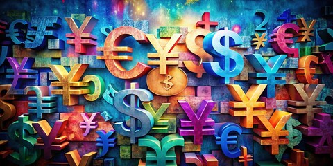 Abstract currency symbols; visual metaphors for money.