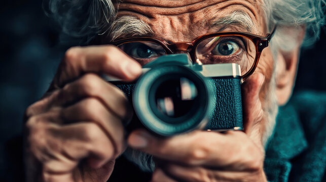 Elderly man holding vintage camera, wearing glasses, capturing memories