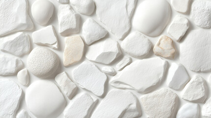 Textured collection of white stones in varying shapes and sizes arranged on a flat surface indoors