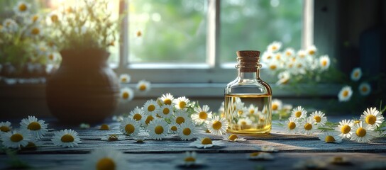 Chamomile Essential Oil:  A Calming and Relaxing Aromatic Experience by a Sunny Window, Blooming Flowers.
