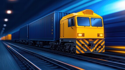 Fototapeta premium Bright Yellow Train Moving Through Dark Tunnel with Cargo Containers