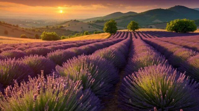  a vast expanse of lavender fields unfolds under the golden hues of a sunset
