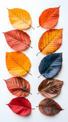 Fototapeta premium Autumn leaves color gradient, white background, fall design